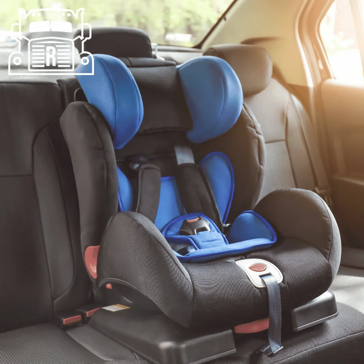Blue car seat in the back seat of a car