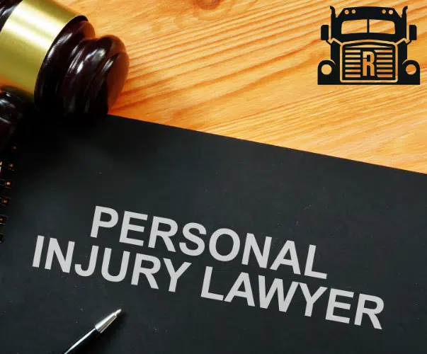 book that reads "personal injury lawyer" next to a gavel and pen