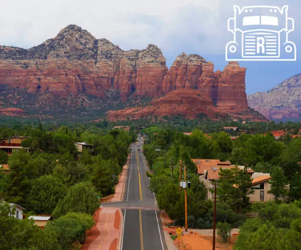 Arizona road with rock formation in the background