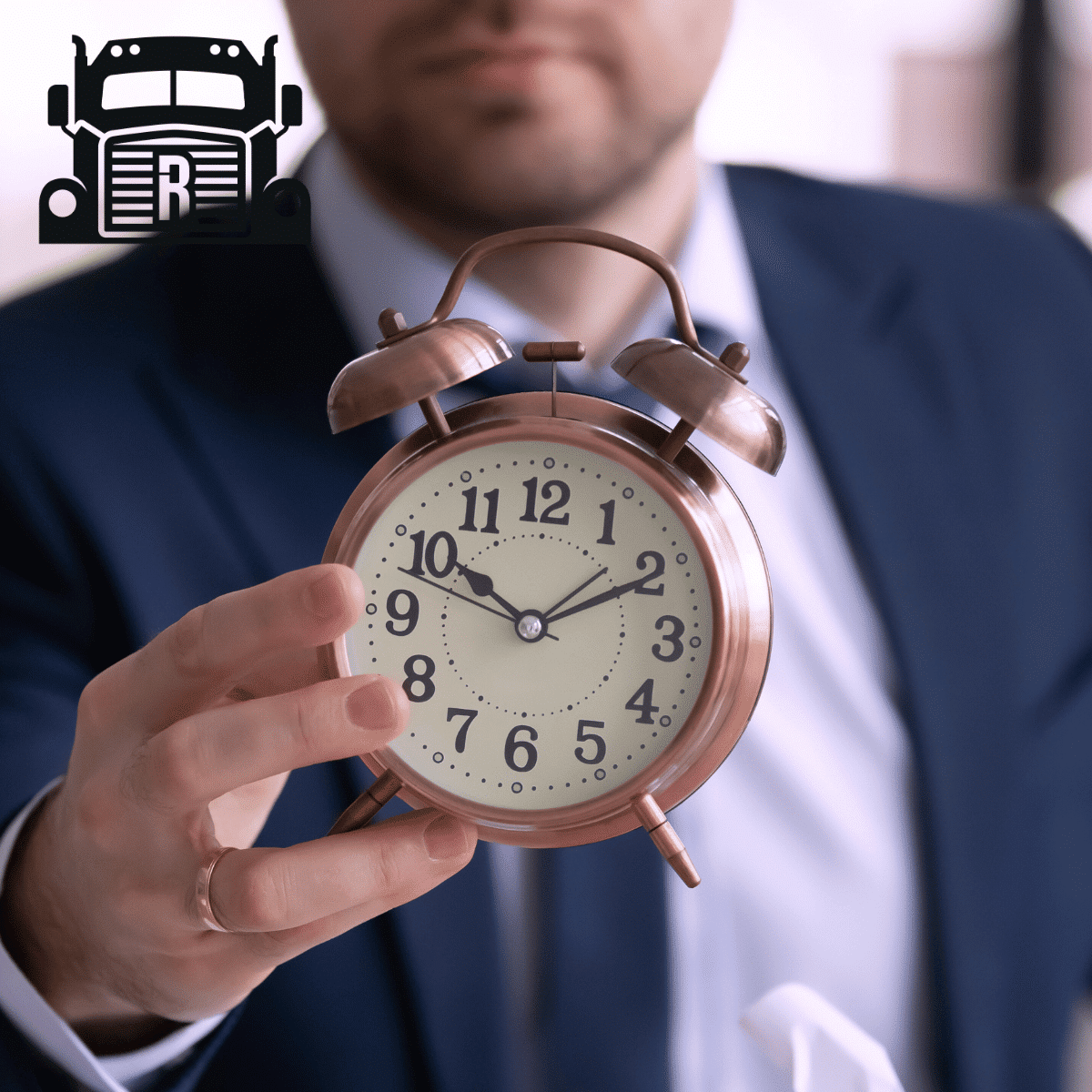 A lawyer holding out an alarm clock in his hand
