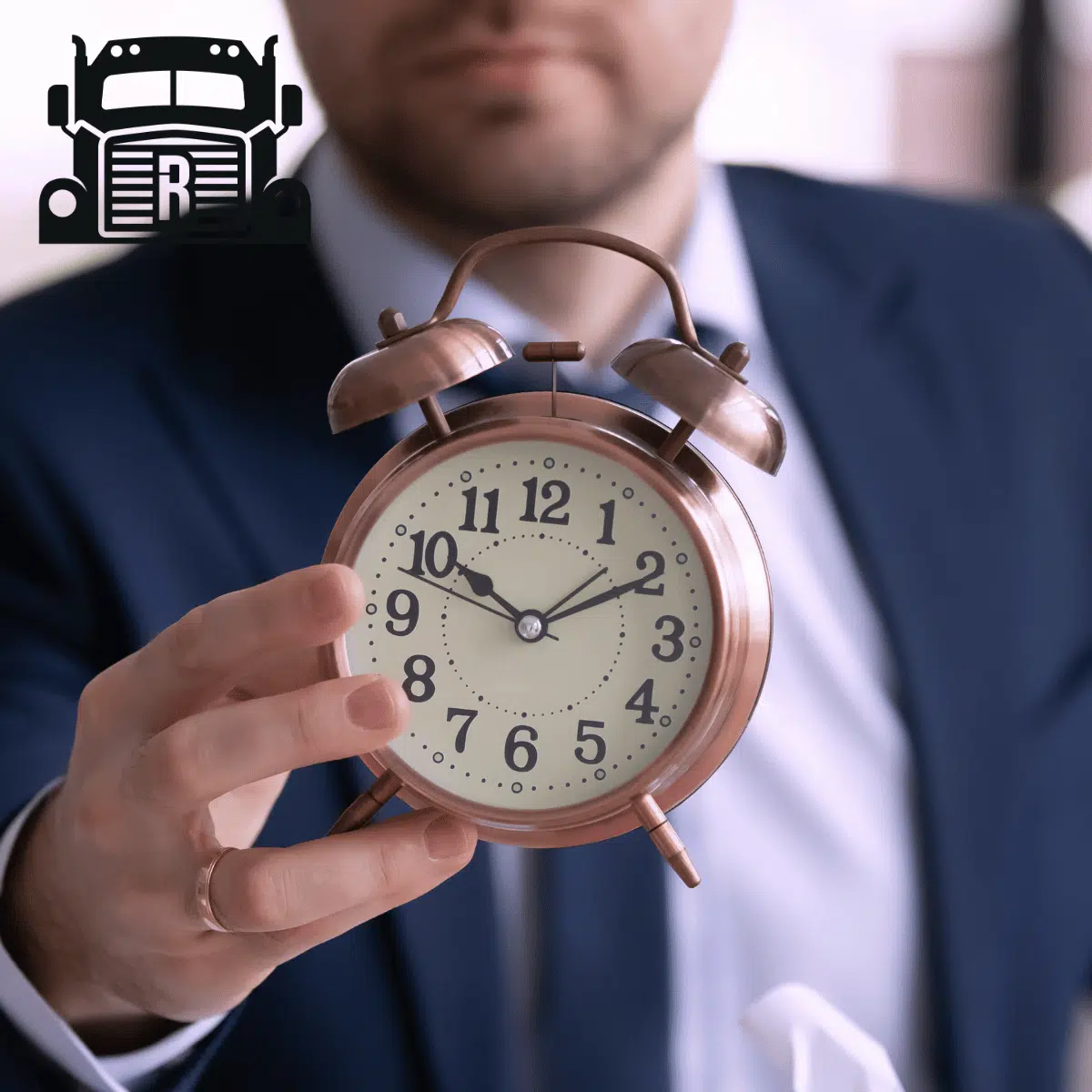 A lawyer holding out an alarm clock in his hand