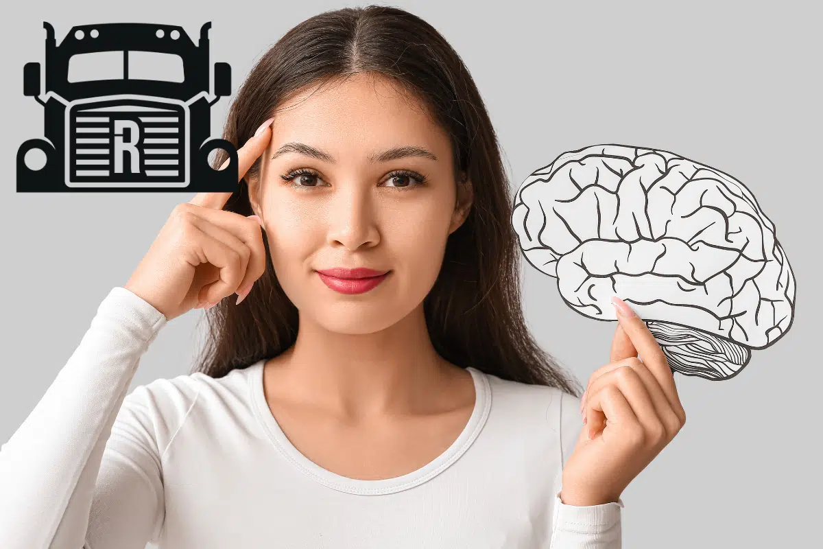 women pointing to her head and holding up an image of a brain