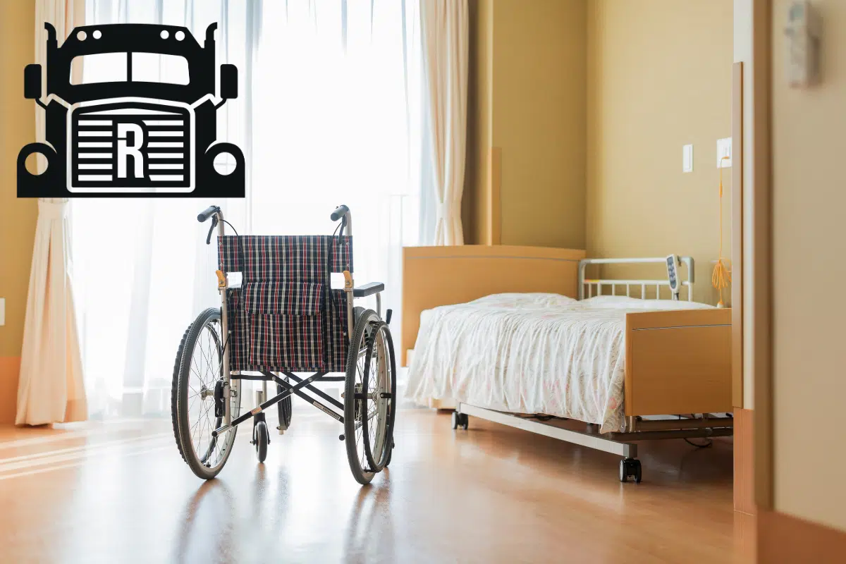 wheel chair and bed in a nursing home room